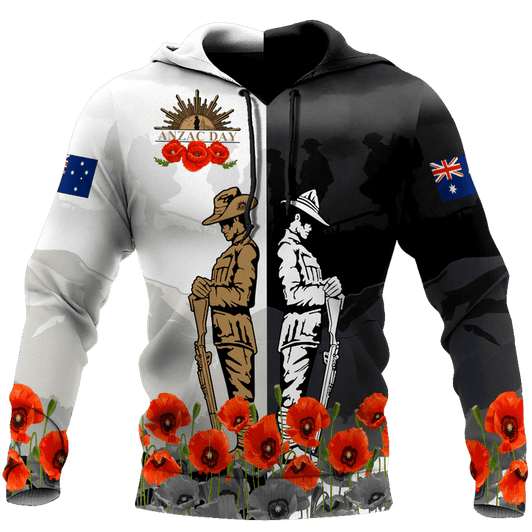 FUNSTUFFPRINT  Rememberance Anzac Day Poppy Flower Black White Premium Unisex 3D Hoodie and Zip Hoodie