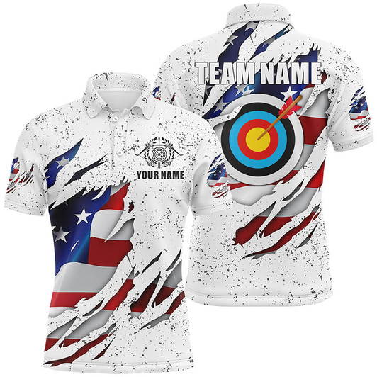 Personalized White Grunge US Flag Target Archery 3D Polo Shirts For Men, Custom Archery Team Shirts