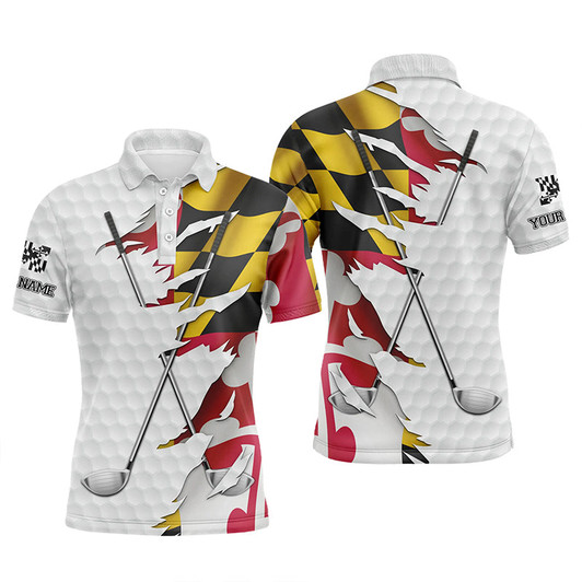 Personalized Mens golf polo shirts custom white golf ball skin Maryland flag patriot mens golf apparel