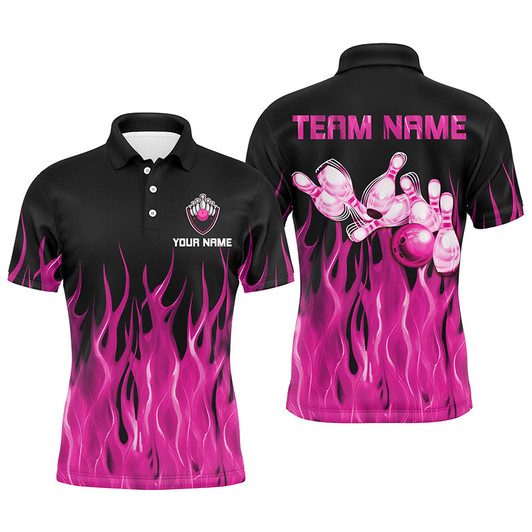 Personalized Men Polo, 1/4 Zip Bowling Shirt pink Flame Bowling Ball Pins bowling jersey for Bowler