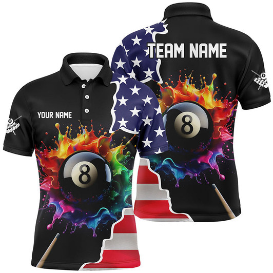 Personalized Colorful Paint 8 Ball Pool Custom USA Flag Men Billiard Polo Shirts, Billiard Apparel