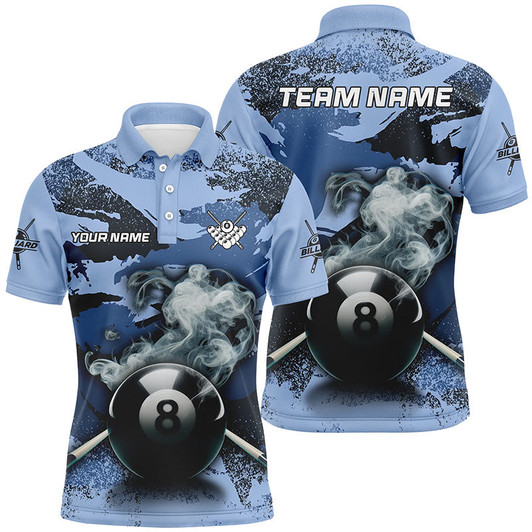Personalized 8 Ball Pool & Cue Smoke Custom Blue Camo Men Polo Shirts, Billiard Snooker Outfits