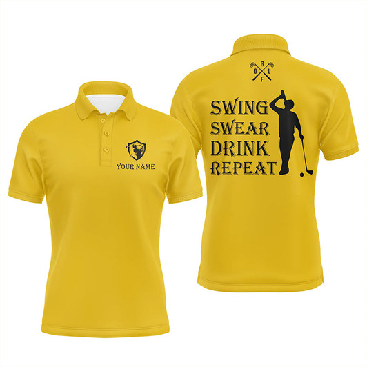 Custom Funny Mens golf polos shirt custom swing swear drink repeat, team golf shirts for Men | Yellow