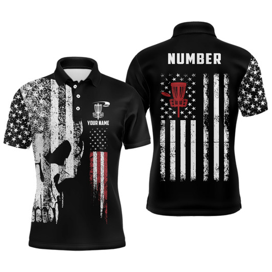 Custom American Flag Skull Mens Disc Golf Polo Shirts Custom Patriotic Disc Golf Shirts For Men Golf Gifts
