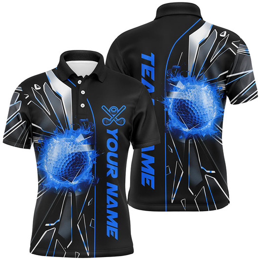 Custom Black and Blue fire golf ball broken glass custom Mens golf polo shirts, golf gifts for men