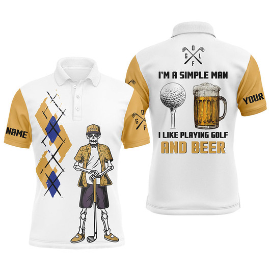 Custom I'm A Simple Man Skull Beer Argyle Pattern Golf Polo Shirts Beer Golf Shirts For Men