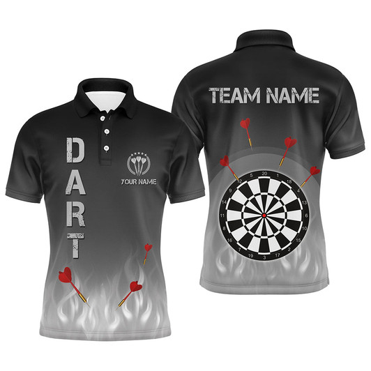 Custom Gradient Black Grey Fire Flame Darts Mens Polo Shirts Custom Cool Darts Jersey For Men