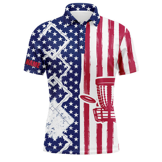 Custom Disc Golf Men Polo Shirt - Custom Name American Flag Disc Golf Basket Apparel - Personalized Gift For Disc Golf Lover, Team, Husband, Patriotic