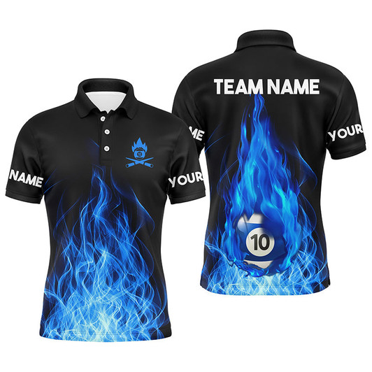 Custom Name Blue Flaming Billiard 3D Polo Shirts For Men Custom Billiard 10 Ball Pool For Team