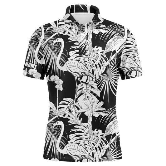 Custom Golf Men Polo Shirt - Black And White Tropical Plants Flamingo Custom Name Apparel - Personalized Gift For Golf Lover, Team, Husband, Boyfriend, Dad