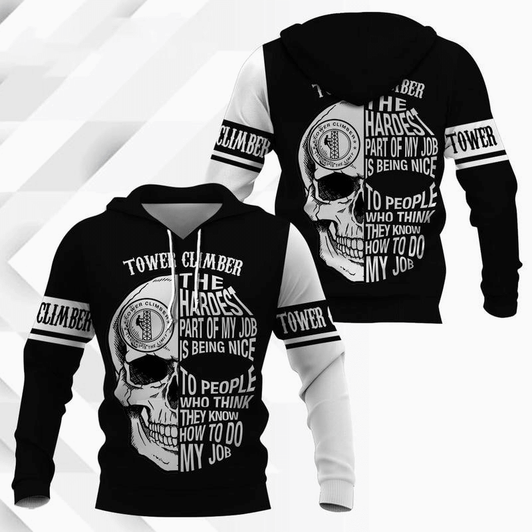 FUNSTUFFPRINT Tower Climber Shirt Funny Tower Technician And Skull Black And White 3D Hoodie and Zip Hoodie