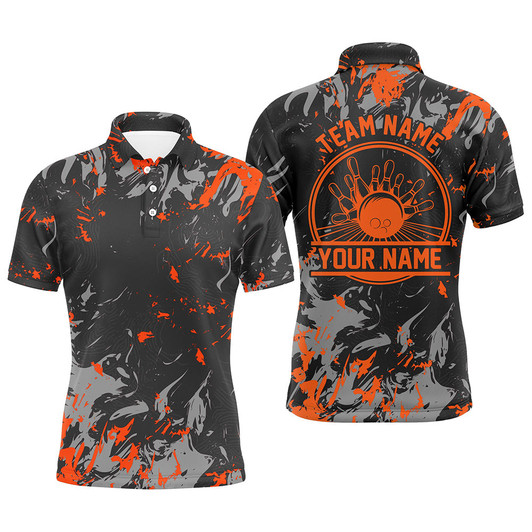 Personalized Bowling Polo Shirts For Men, Bowling Balls And Pins Bowling Team Shirts | Orange