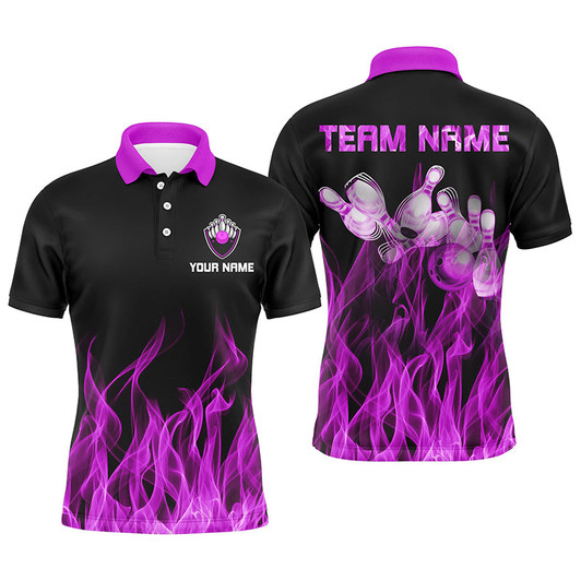 Personalized Men polo Bowling Shirt Purple Flame Bowling Ball and Pins bowling jerseys for men Bowler