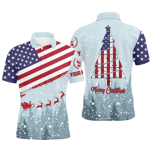 Custom Merry Christmas Usa Flag Golf Mens Polo Shirt Custom Winter Forest Patriotic Golf Shirts For Men