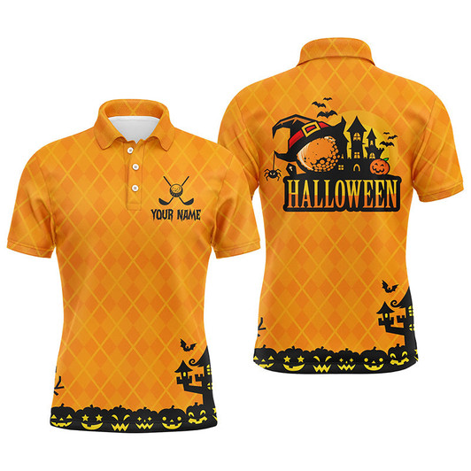 Custom Halloween Landscape Pumpkin Orange Argyle Mens Golf Polo Shirts Custom Funny Golf Gifts For Men