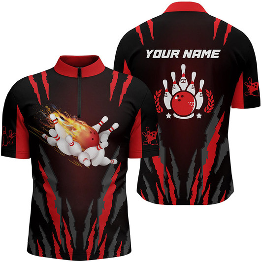 Personalisiertes Herren-Bowlinghemd individuell Bowlingball mit Flammen und Kegeln, Team-Bowlingtrikots | Rot