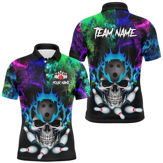Custom Colorful smoke Skull bowling Polo, Quarter Zip shirt for men Custom Team bowling League jerseys