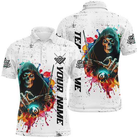 Custom Billiard Skeleton Colorful Grunge Style Personalized Men Polo Shirts, Best Billiard Attire Design