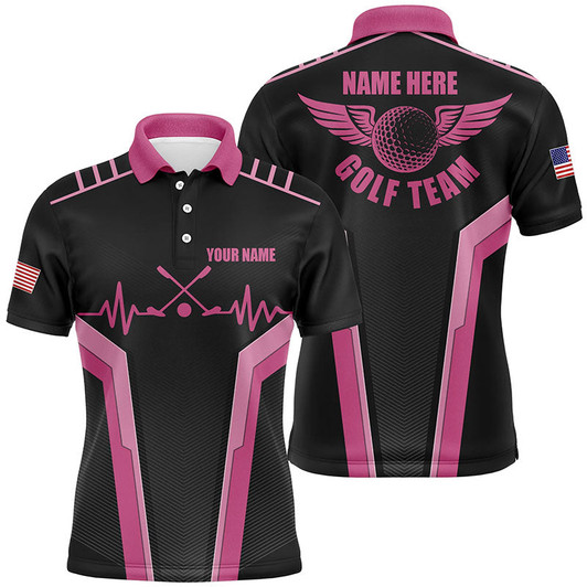 Customized Mens Golf Polo Shirts, Heartbeat Black And Pink Polo Shirts For Mens, Golfer Gifts
