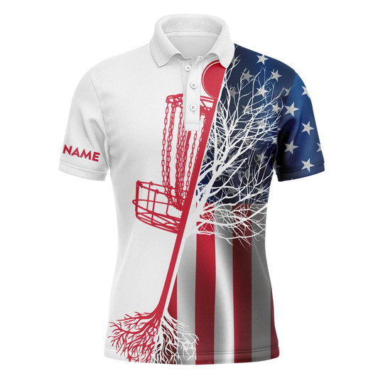 Custom Disc Golf Men Polo Shirt - American Flag Disc Golf Basket Custom Name Apparel - Personalized Gift For Disc Golf Lover, Team, 4th July, Patriotic