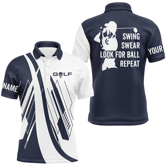 Custom Navy Blue and white Mens golf polo shirts custom swing swear look for ball repeat golf shirt for mens