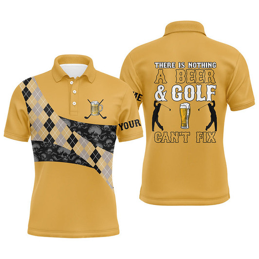 Custom There Is Nothing A Beer & Golf Can't Fix Mens Polo Shirt Yellow Argyle Skull Golf Shirts For Men