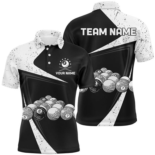 Personalized Black White Grunge Billiard Balls Polo Shirts For Men, Custom 8 Ball Pool Team Shirts