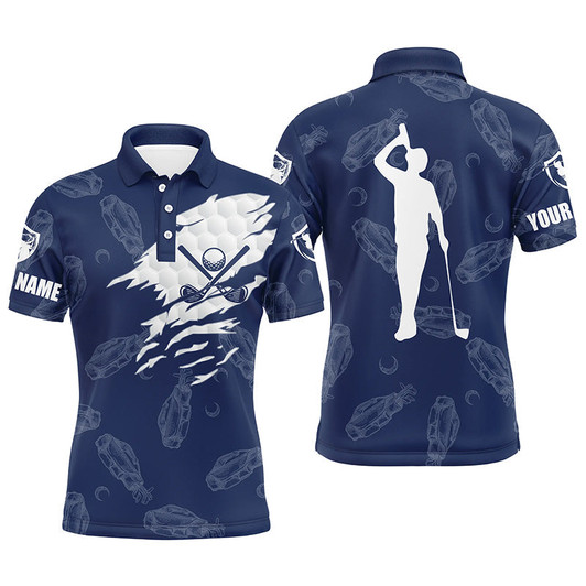 Custom Mens golf polo shirt custom name golf clubs pattern shirt | Navy Blue
