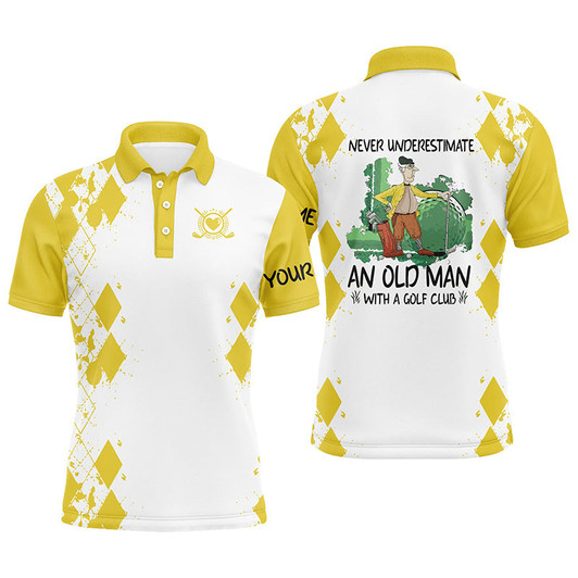 Custom Men golf polo shirts never underestimate an old man with a golf club custom golf shirts for men|Yellow