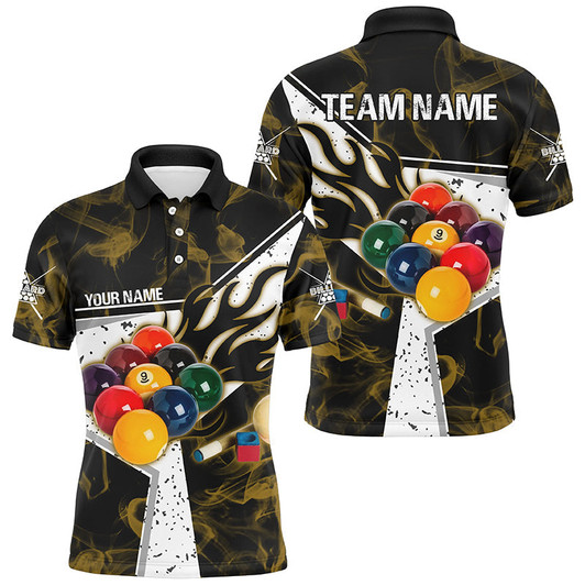 Personalized Yellow Smoke Billiard Jersey Men Polo Shirts, Billiard Balls Custom Pool Player Shirts