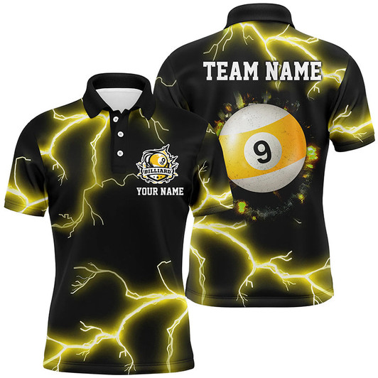 Personalized Yellow 9 Ball Pool Thunder Lightning Men Polo Shirts Custom Billiards Team Shirts
