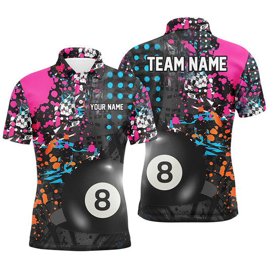 Personalized 8 Ball Pool Grunge Colorful Men Billiard Polo Shirts, Custom Billiards Pool Shirts