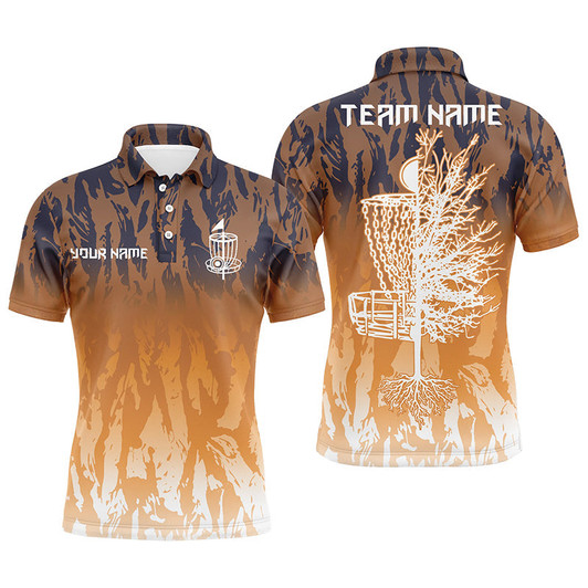 Custom Disc Golf Men Polo Shirt - Custom Name Orange Camo Disc Golf Basket Apparel - Personalized Gift For Disc Golf Lover, Male, Husband, Team