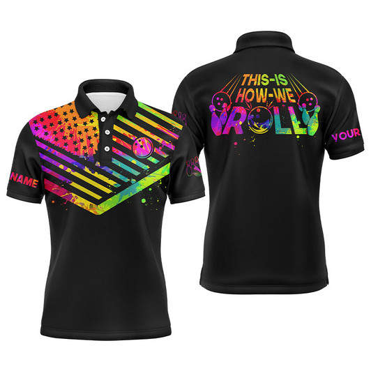 Custom Men's polo bowling shirt watercolor American flag custom This is how we roll bowling jerseys | Black