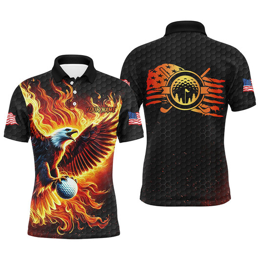 Custom Mens golf polo shirts custom American Flag Eagle Flame golf tops, black golf outfit for mens