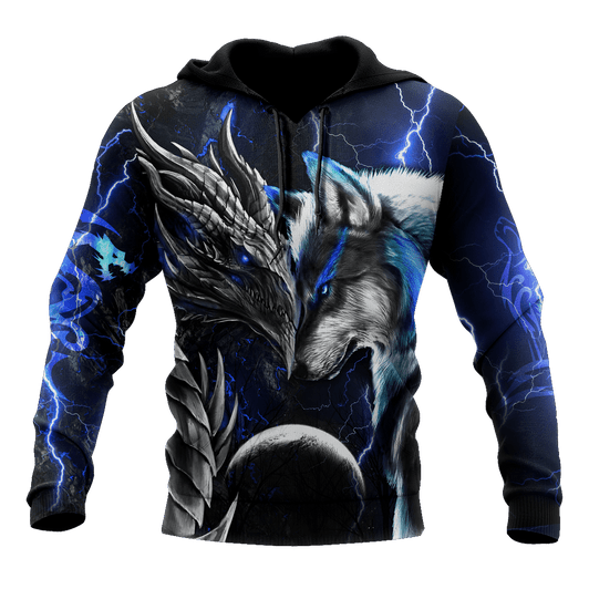 FUNSTUFFPRINT Blue dragon and wolf Unique Design 3D Hoodie and Zip Hoodie