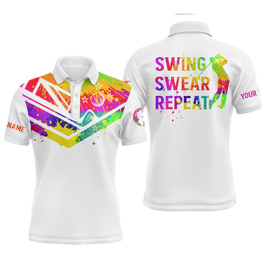 Custom Golf Men Polo Shirt - Watercolor New Zealand Flag Custom Name White Apparel - Personalized Gift For Golf Lover, Team, Golfers - Swing Swear Repeat