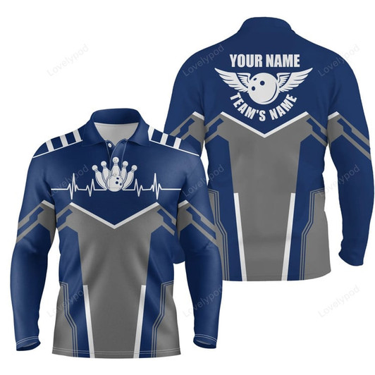 FUNSTUFFPRINT Bowling long sleeve shirts for men custom name, team name Bowling Ball & Pins men polo shirts Navy Blu