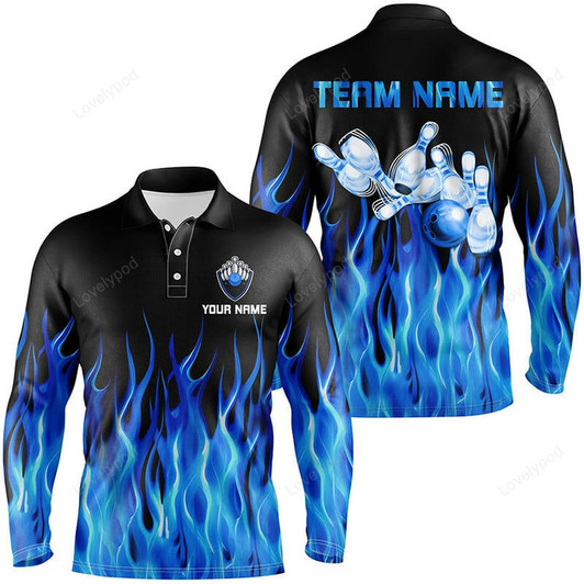 FUNSTUFFPRINT Custom Purple flashes of lightning thunder bowling team long sleeve polo shirt-SLSPS-10076