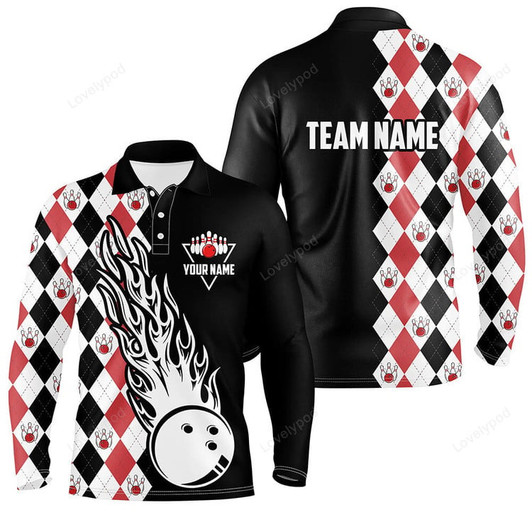 FUNSTUFFPRINT Personalized black bowling polo shirts for men, custom men's bowling long sleeve shirt-SLSPS-10086