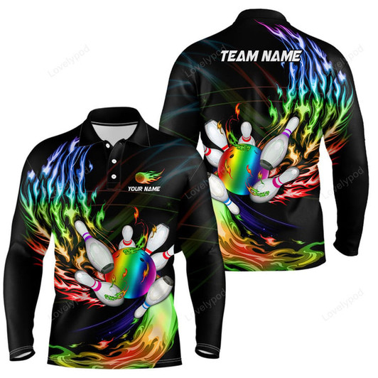 FUNSTUFFPRINT Personalized black bowling polo shirts for men, custom men's bowling long sleeve shirt-SLSPS-10087