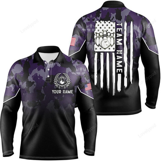 FUNSTUFFPRINT Black purple camo Men long sleeve polo bowling shirts, Custom American flag patriotic bowling team league jerseys