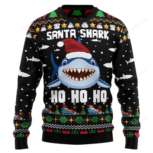 FUNSTUFFPRINT  Santa Shark Ho Ho Ho Ugly Christmas Sweater Ugly Sweater