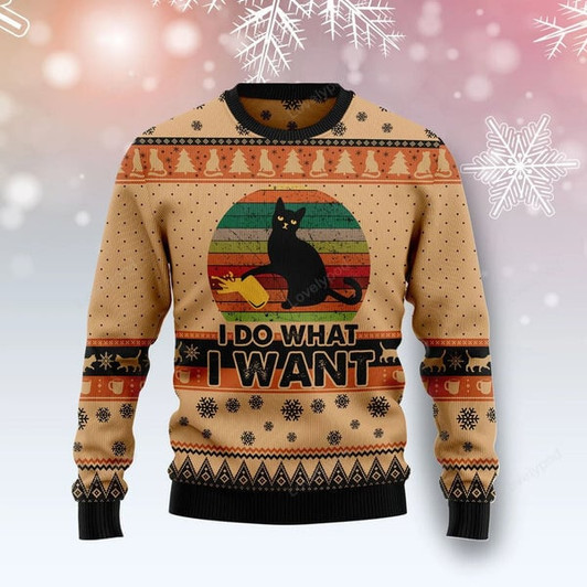 FUNSTUFFPRINT I Do What A Want Black Cat Funny Ugly Christmas Sweater For Women & Men, Gift for Cat Lovers  Ugly Sweater