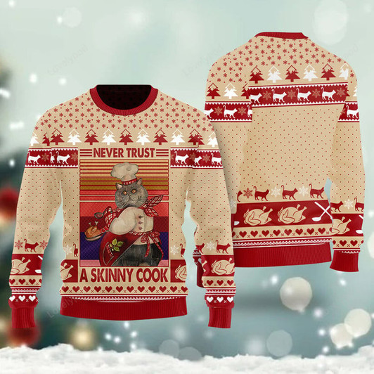 FUNSTUFFPRINT Never Trust A Skinny Cook Funny Cat Ugly Christmas Sweater For Men & Women Adult, Christmas Gifts  Ugly Sweater