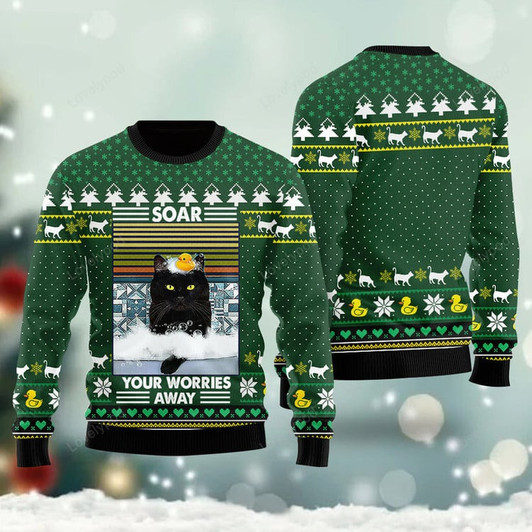 FUNSTUFFPRINT Funny Black Cat Soar Your Worries Away Ugly Christmas Sweater For Men & Women Adult  Ugly Sweater