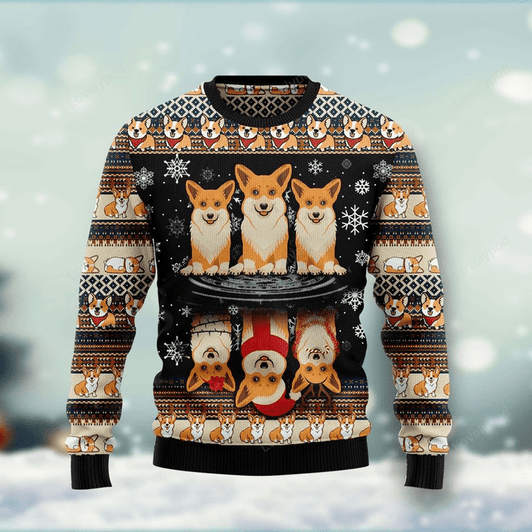 FUNSTUFFPRINT Cute Corgi Dog Funny Ugly Christmas Sweater Gift For Men & Women Adult Ugly Sweater