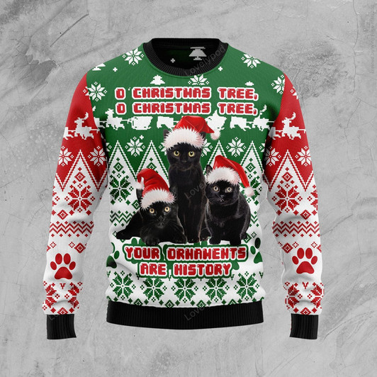 FUNSTUFFPRINT Black Cat Oh Christmas Tree Ugly Christmas Sweater Ugly Sweater
