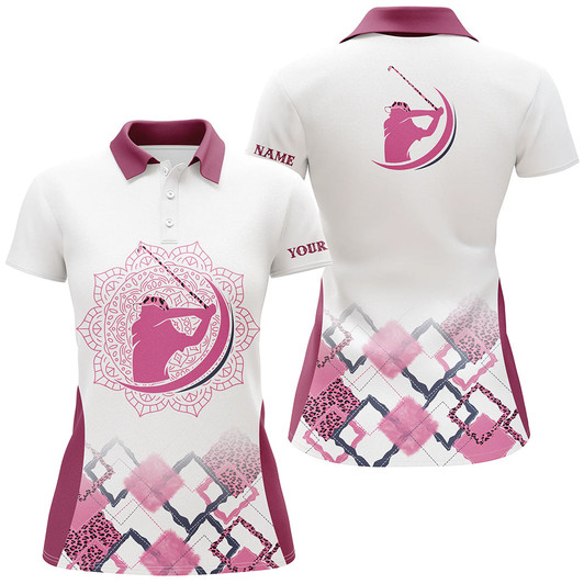 Custom Pink Leopard Mandala Pattern Womens Golf Polo Shirt Custom Womens Golf Tops For Ladies