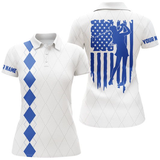 Custom Womens Golf Polo Shirt Blue American Flag Patriotic Golf Shirts Custom Name Golf Gifts
